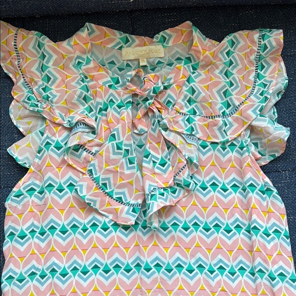 Paloma Blue (Anthropology) Colorful Geometric Ruffle Blouse - Picture 2 of 4